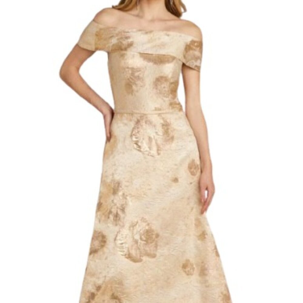 Off-Shoulder Floral Jacquard Maxi Dress in Champagne